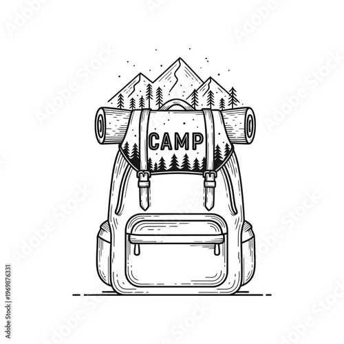A backpack with a sleeping bag and a mountain isolated on white background, Vector, illustration