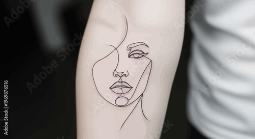 Minimalist Line Art Tattoo of a Woman's Face on Arm - Abstract Beauty