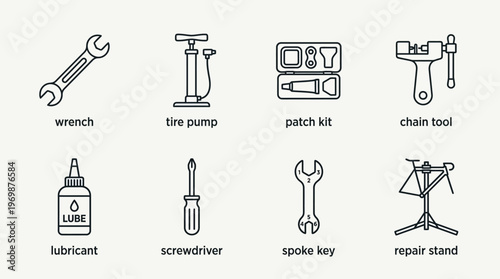 Bicycle maintenance icons showing wrench, pump, tube, chain tool, lube, screwdriver, double wrench, repair stand.