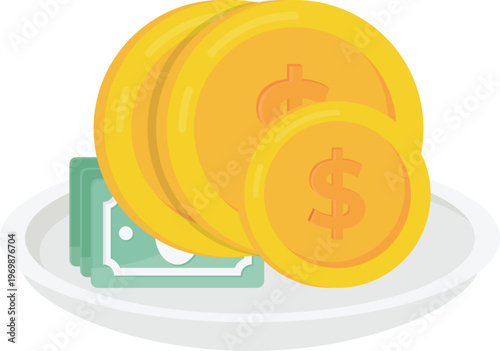 Vector illustration of money and coins arranged on a plate, symbolizing wealth and financial abundance.