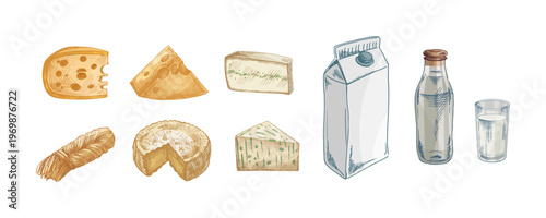 Hand drawn vintage sketch of cheese varieties and milk carton bottle glass dairy colored food set illustration