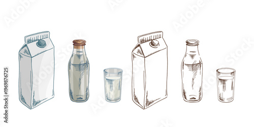 Hand drawn vintage sketch of milk carton bottle and glass dairy drink colored and monochrome set illustration