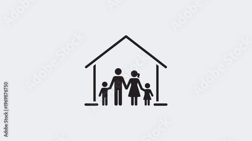 A simple black icon of a family standing under a roof