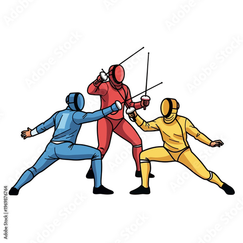 Fencing duel: three athletes in colorful protective gear with swords, dynamic action pose