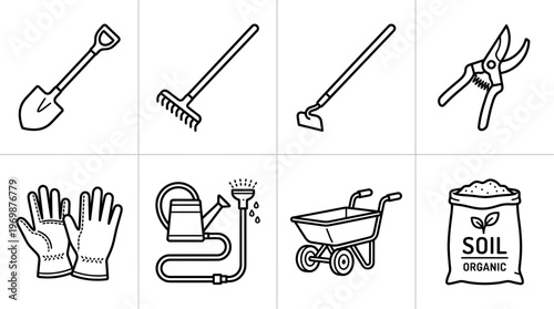 Vector set of gardening tools including shovel, rake, hoe, shears, gloves, watering can, and wheelbarrow