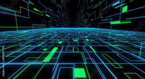 Neon lit grid pattern with blue and green lines and rectangles on a black background futuristic technology concept