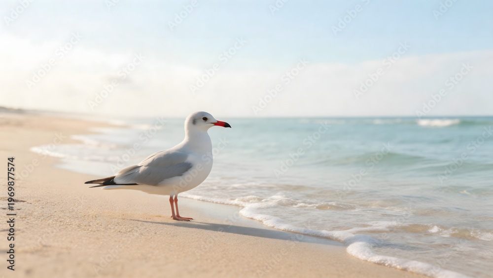 Fototapeta premium Seagull on sandy beach near ocean