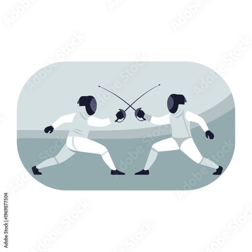 Two Fencers Duel with Swords in Flat Design Style