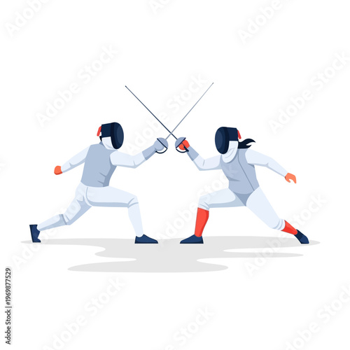Two Fencers Duel with Swords on White Background, Sport Competition Illustration