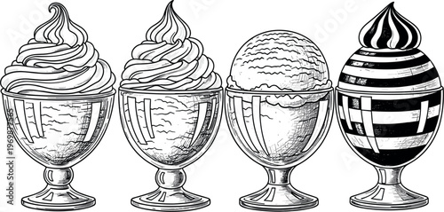 Hand-Drawn Ice Cream Sundae Vector Set with Swirled, Scooped, and Chocolate-Dipped Ice Cream for Dessert, Culinary, and Food Design Projects