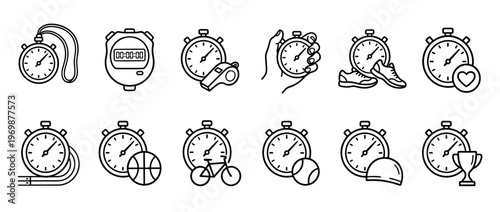 Stopwatches and sports icons collection representing time measurement and athletic activities for various competitions.