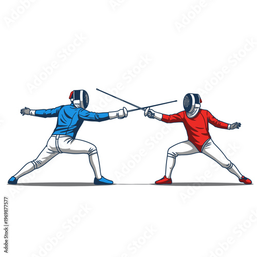 Two Fencers in Action: Red vs Blue, Competitive Sport Illustration