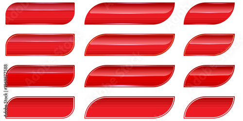 glossy red buttons set with slanted edges. 3D realistic scarlet web buttons elements with white and gold borders. Modern asymmetric horizontal buttons icons isolated on white interface and game design