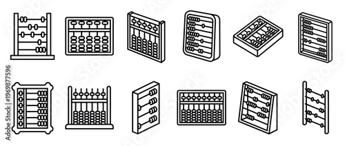 Abacus icons collection showcasing various outline and isometric styles for mathematical calculations and learning.