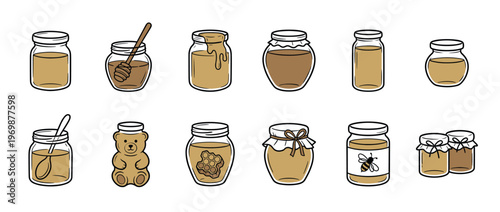 Collection of various honey jars and containers, including a bear-shaped bottle, dippers, and honeycomb, in a charming doodle style.