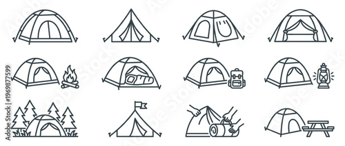 Camping tent icons collection featuring various outdoor shelter designs and related equipment for adventure and nature exploration activities.