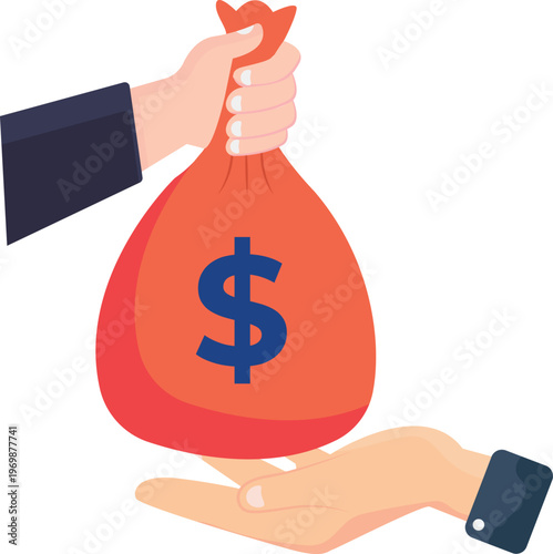 A hand gripping a bag marked with a dollar sign, symbolizing wealth or financial gain.