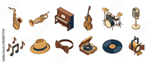 Musical instruments and accessories are depicted in an isometric cartoon style, representing a collection of jazz and performance elements.