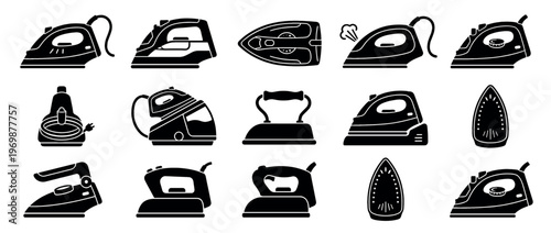 Clothes irons icons collection of various household appliances for garment care and wrinkle removal, presented in a modern black silhouette style.