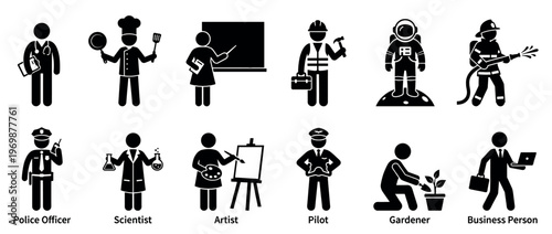 Diverse collection of stick figure icons representing various professional occupations and career paths in a simple graphic style.