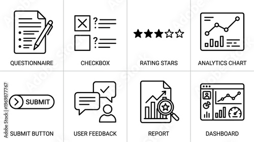 Survey and data collection icons showing questionnaire, checkbox, rating, chart, submit, feedback, report, dashboard.