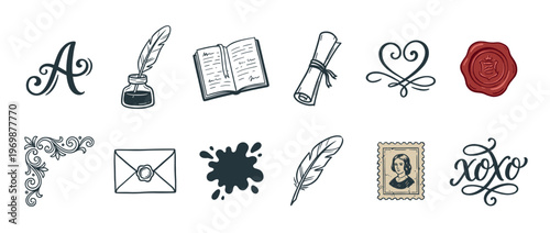 Vintage writing and calligraphy elements set featuring inkwell, quill, book, scroll, wax seal, and decorative flourishes for creative design.