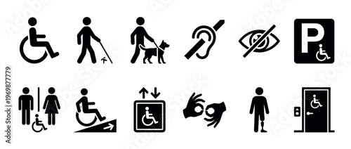 Accessibility icons set featuring various disability symbols for inclusive design, public spaces, and universal access, representing different needs and services.