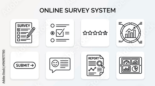 Survey and data collection icons showing questionnaire, checkbox, rating, chart, submit, feedback, report, dashboard.