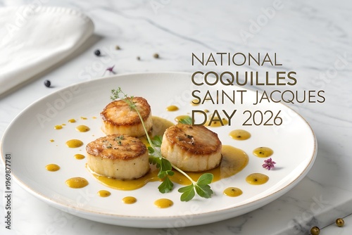 A beautifully plated dish featuring three perfectly seared Coquilles Saint Jacques, glistening with a vibrant yellow sauce and fresh green herbs, artfully presented on a white plate, commemorating Nat