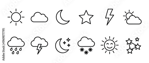 Outline weather and celestial icons set featuring sun, moon, clouds, stars, lightning, rain, and snow symbols for various design projects.