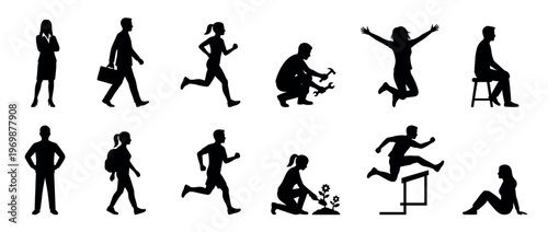 People silhouettes engaged in various daily activities, showcasing diverse actions, occupations, and leisure pursuits in a collection of figures.