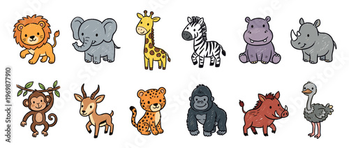 Adorable collection of hand-drawn safari animals featuring a lion, elephant, giraffe, zebra, and other cute jungle creatures.