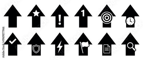 Collection of black up arrow icons with various symbols representing different concepts and actions for user interface design.