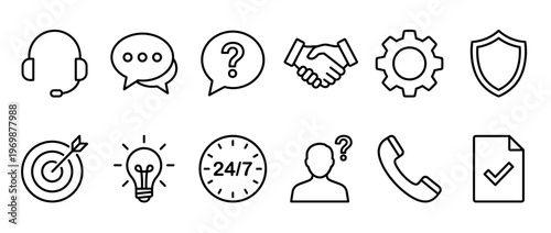 Collection of essential customer service icons representing business solutions, communication, support, security, and innovative ideas for various digital applications.