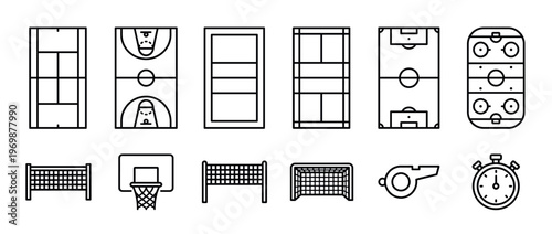 Sports fields equipment outline icons collection featuring various courts, nets, goals, and timing tools for athletic activities.
