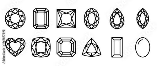 Gemstone cuts and diamond shapes vector icon set showing various faceted and smooth jewelry designs for precious stones.