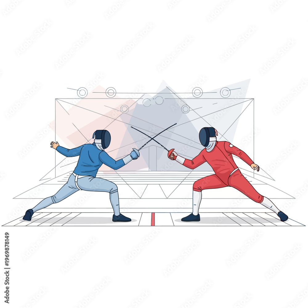 Fototapeta premium Two Fencers in Combat with Swords, Competitive Sport