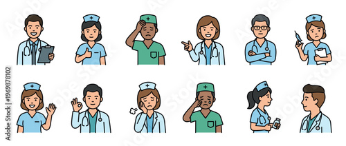 Doctors and nurses avatars showing various emotions and actions, representing healthcare professionals in a friendly cartoon style.