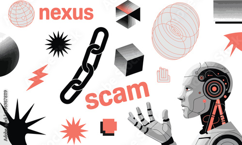 Robot head and abstract elements with text nexus scam