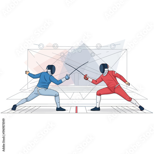 Two Fencers in Combat with Swords, Competitive Sport