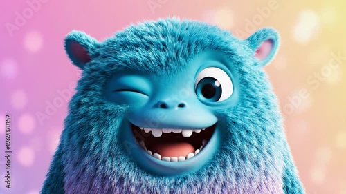 A cute, fluffy blue creature with big eyes and a friendly expression against a colorful backdrop