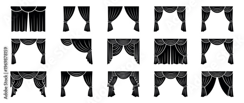 Collection of elegant curtain and drape silhouettes in various styles, perfect for interior design and theatrical concepts.