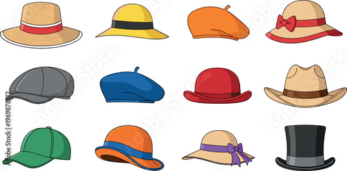 Hand-Drawn Hat Vector Set Featuring Straw Hats, Berets, Caps, Bowler Hats, and More for Fashion, Accessories, and Apparel Design Projects