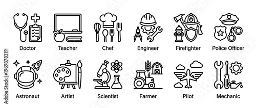 Collection of professional occupations and careers represented by simple outline vector icons for various industries and fields.
