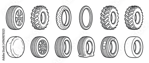 Tires collection of various vehicle wheels in a detailed black and white line art illustration style, showcasing different types and treads.