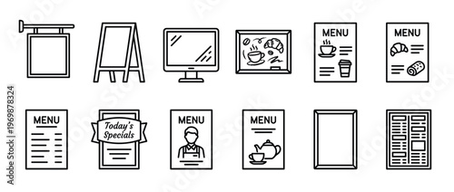 Cafe restaurant menu signs icon set featuring various types of display boards, digital screens, and paper menus for food and drink establishments.
