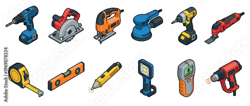 Isometric illustration set of various power tools and hand tools for construction, home improvement, and DIY projects.