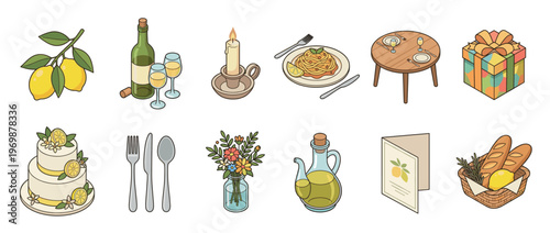 Delightful collection of dining and celebration items featuring wine, pasta, cake, lemons, and flowers for a festive occasion.
