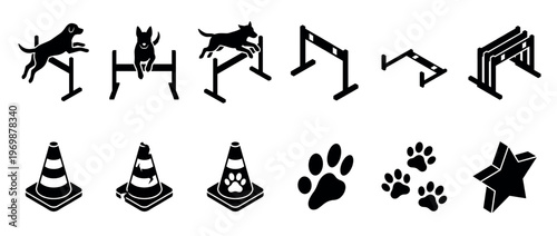Collection of dog agility training icons featuring dogs jumping, hurdles, cones, and paw prints in a simple black silhouette style.