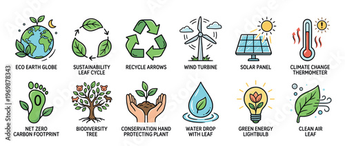 Collection of environmental protection and sustainability icons illustrating various ecological concepts and green energy solutions.